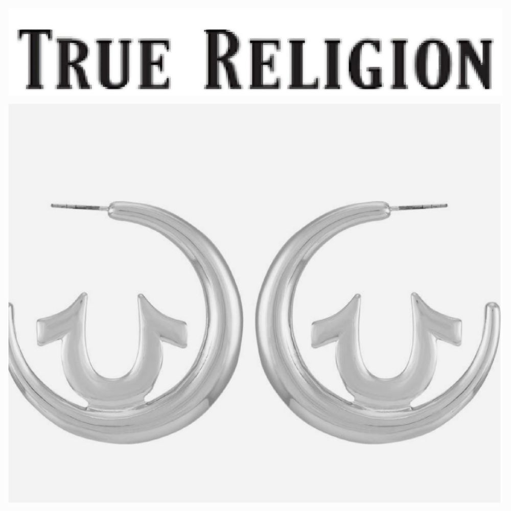 True Religion Horseshoe Logo‎ Crescent Hoop Earrings- Silver